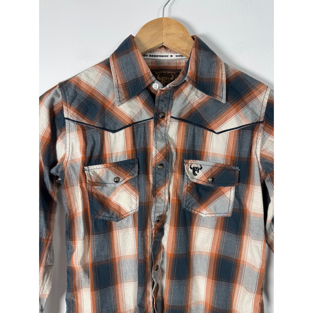 Western Cowboy Hardware Kids Med Shirt Orange Blue Plaid Bull Skull Snap Front - Picture 9 of 10
